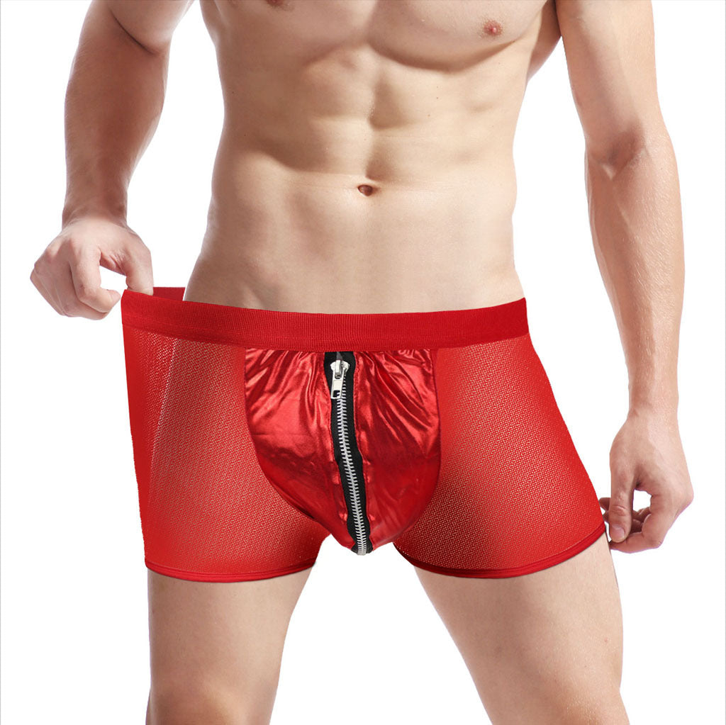 Men's Sexy Mid-Rise Fine Mesh Faux Leather Zipper Boxer Briefs