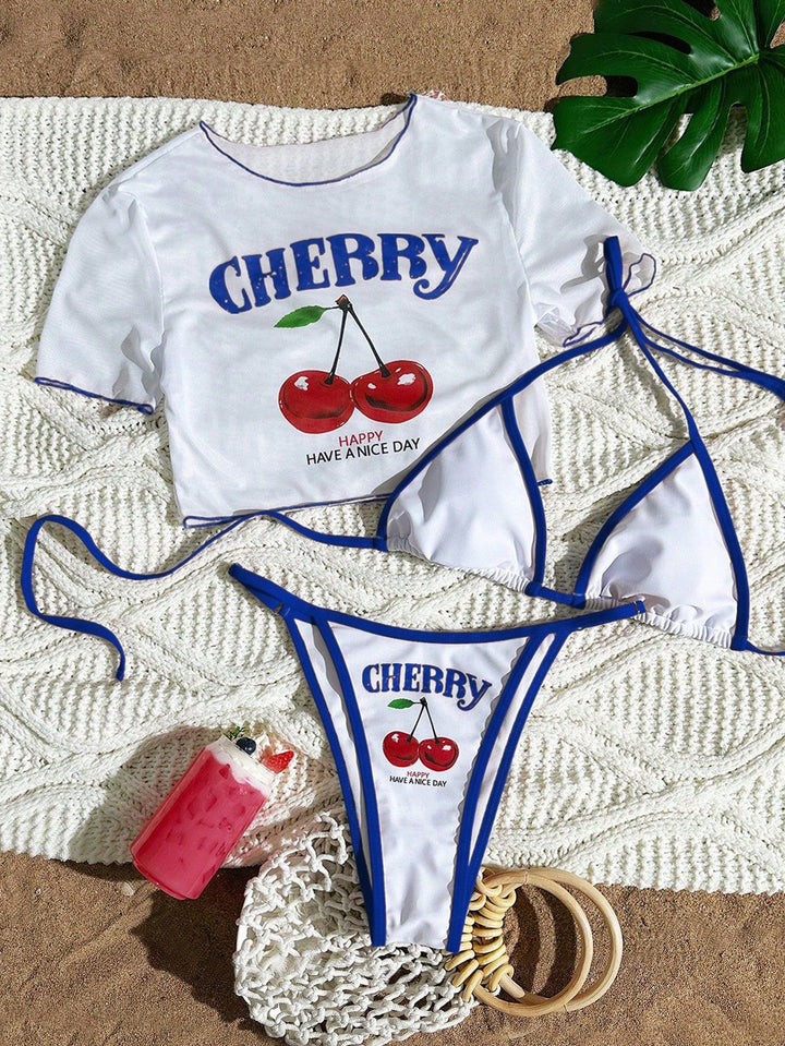 Cherry Print Three-Piece Bikini