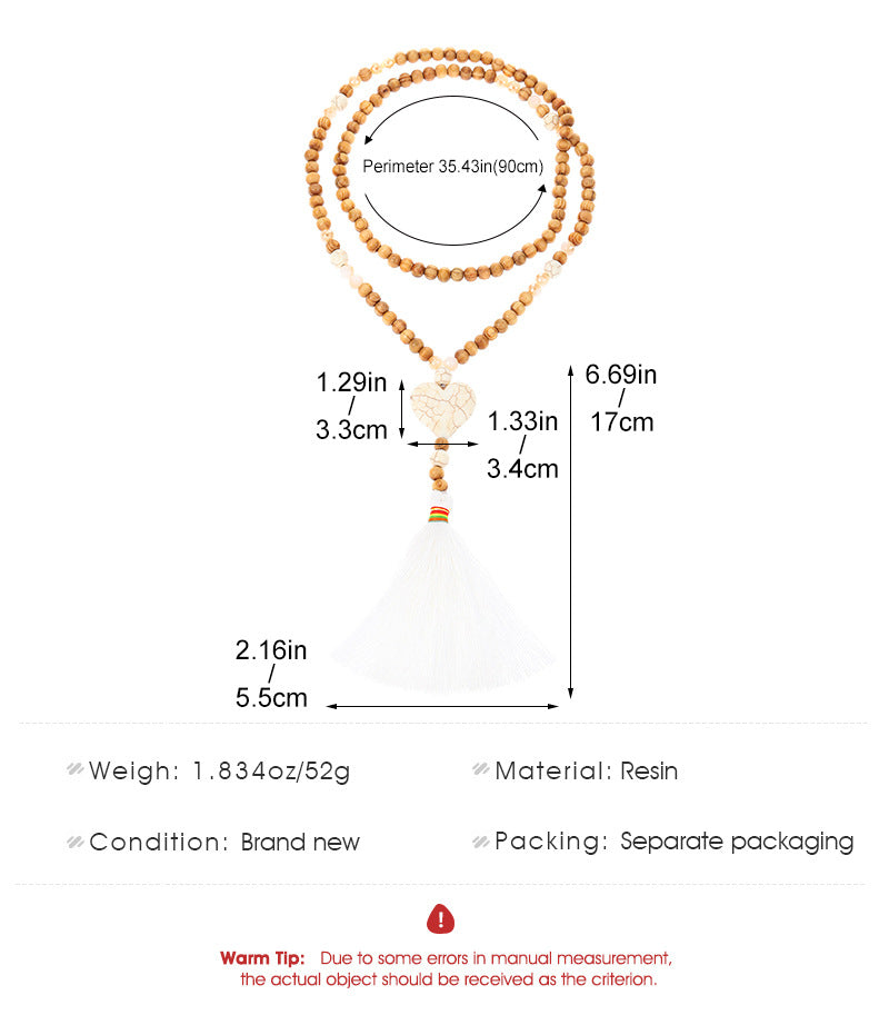 Natural Wood Beaded Cross Tassel Necklace