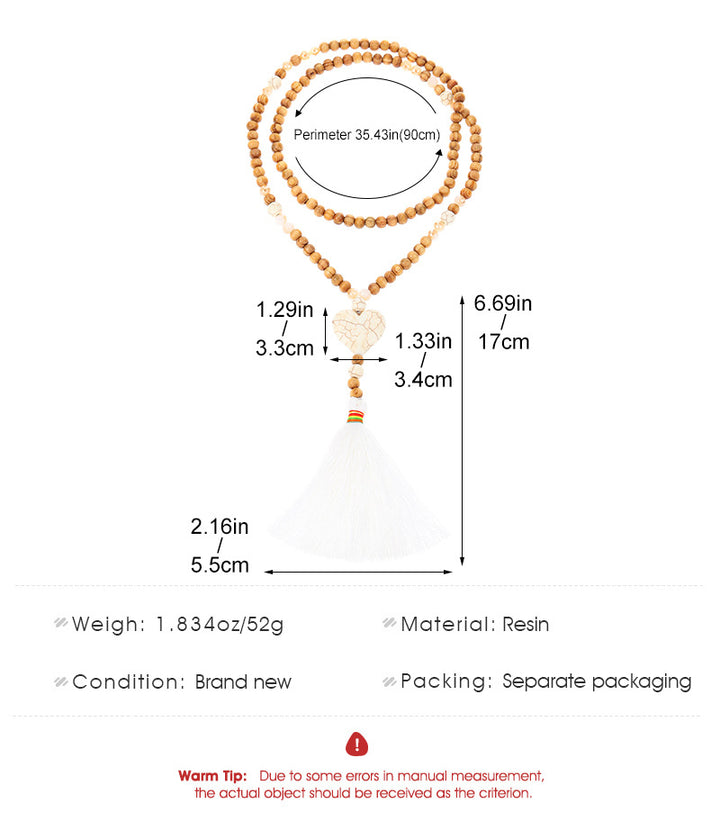 Natural Wood Beaded Cross Tassel Necklace