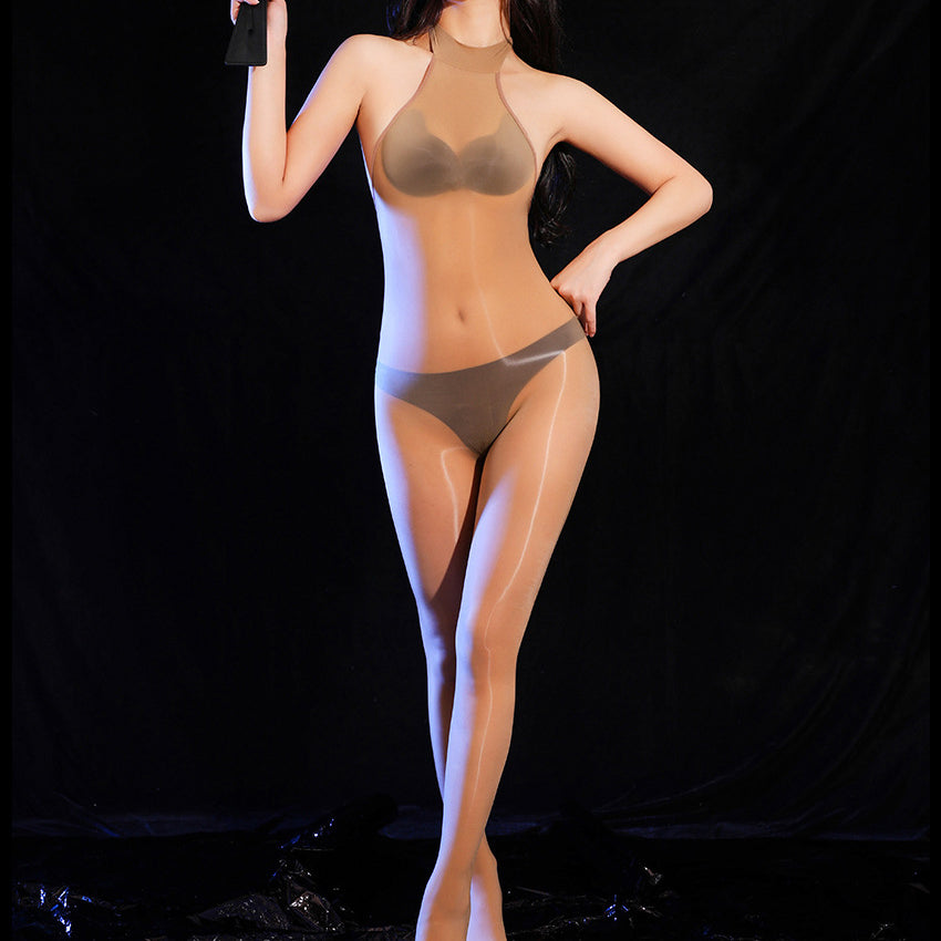 Shiny 5D sexy silky halter neck open crotch stockings bodysuit