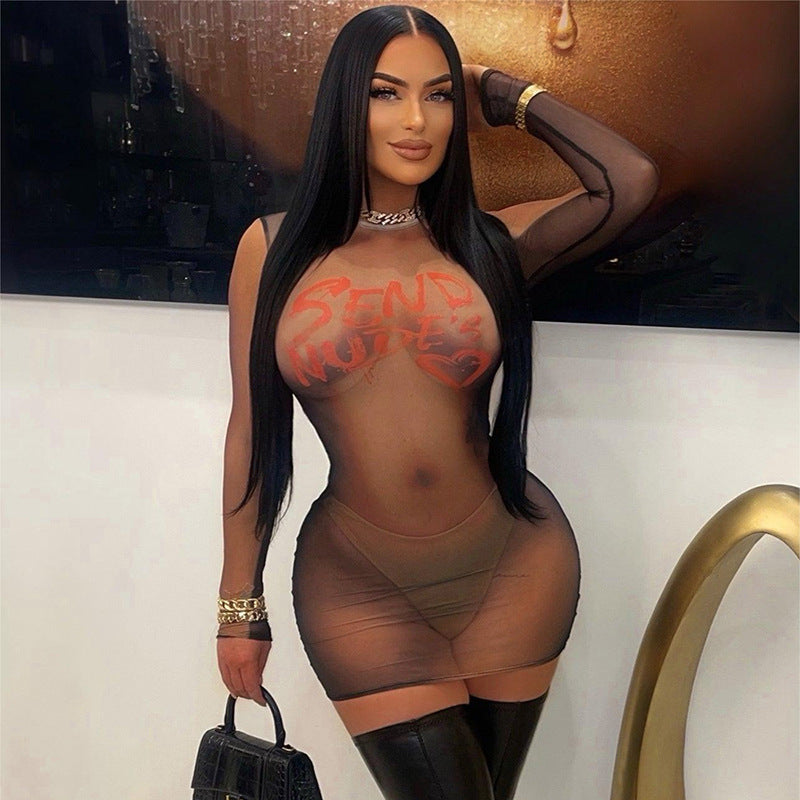 Round neck long sleeve printed see-through hip-hugging dress