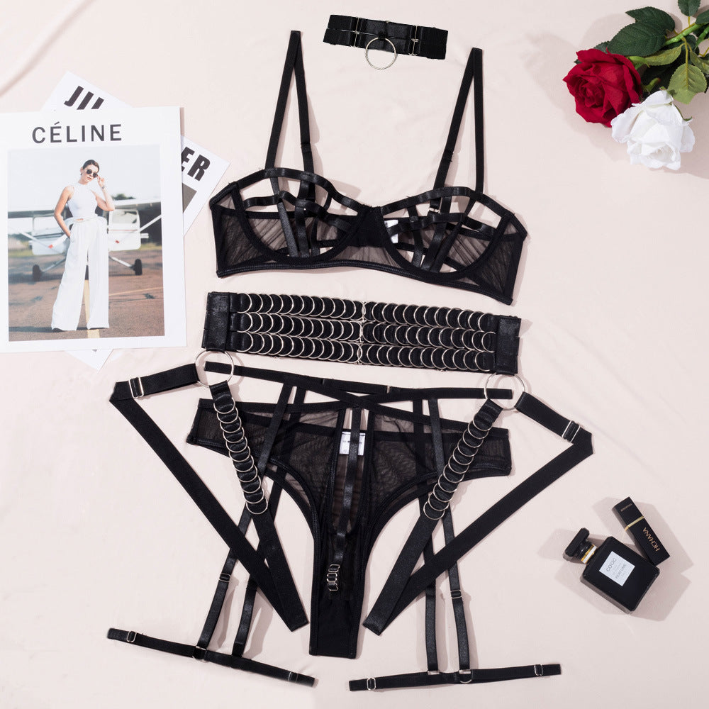 Metal-ring embellished lingerie set