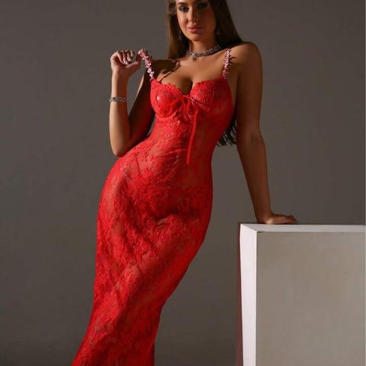 Sexy Backless Sheer Lace Trim Slip Dress