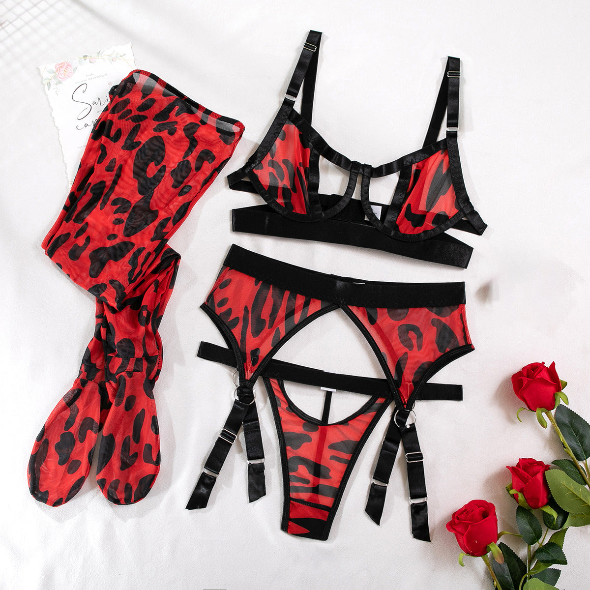 Wild leopard print mesh hollow sexy lingerie four-piece set