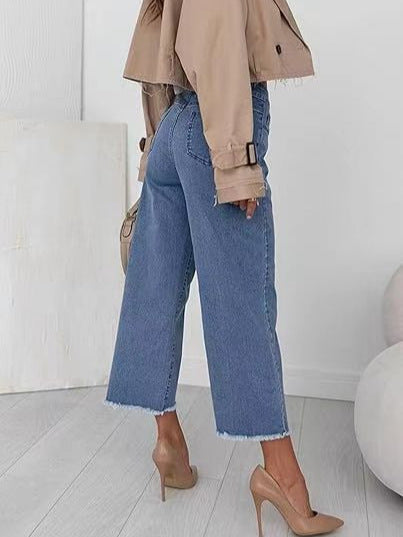 High-Waisted Cropped Straight-Leg Denim Jeans