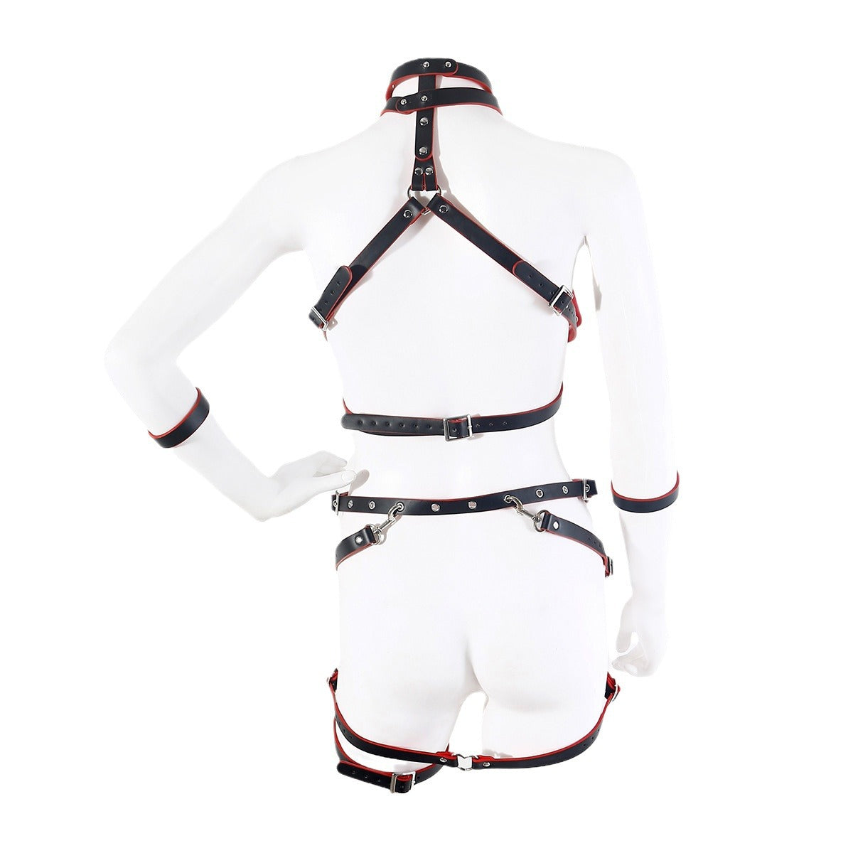 Black and red leather bondage suit