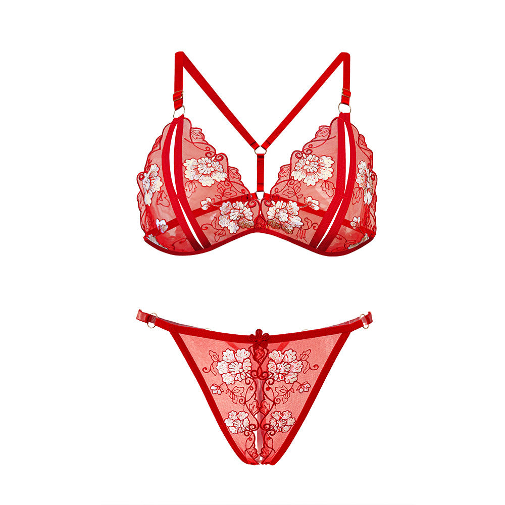 Tempting Sexy Embroidered Open Crotch Passion Bra Set