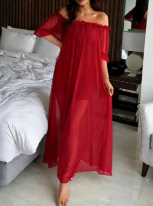Off-Shoulder Ruffle Mesh Maxi Sleep Dress