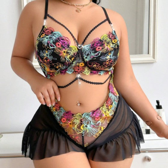 Plus-Size Embroidered Sheer Mesh Bodysuit