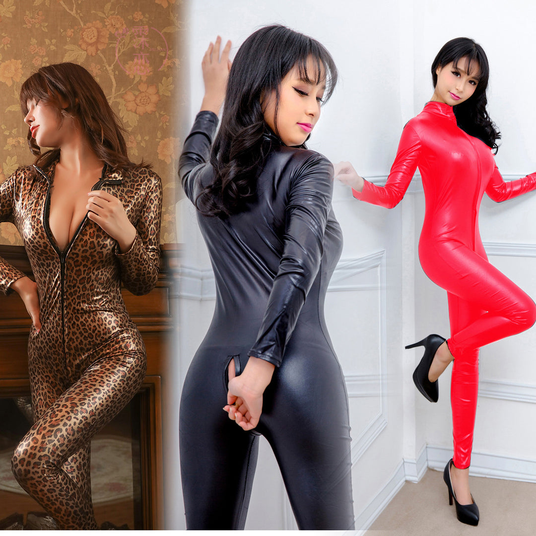 Zippered backless open-crotch patent leather bodysuit