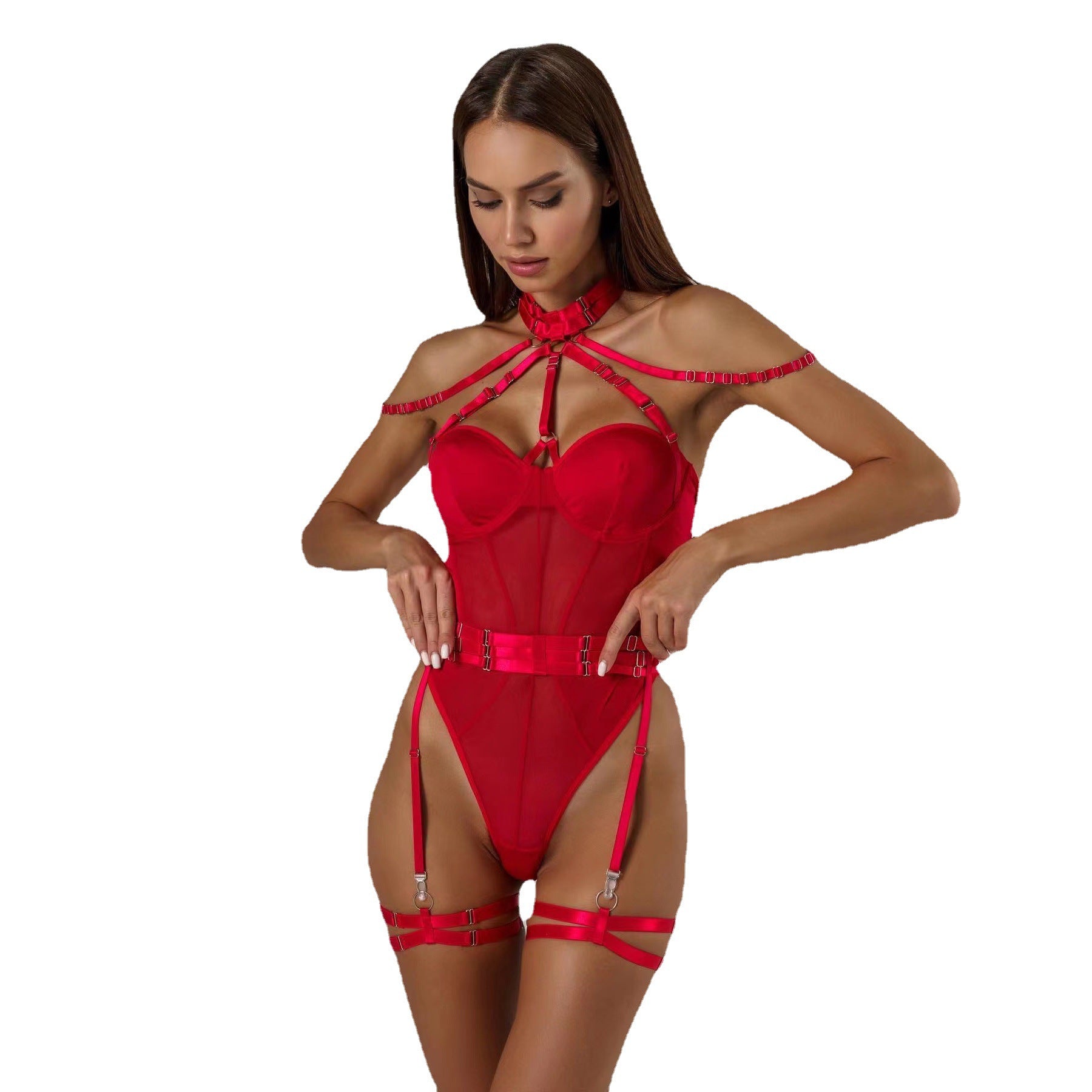 Gathered body shaping sexy straps stitching contrast color heavy duty jumpsuit