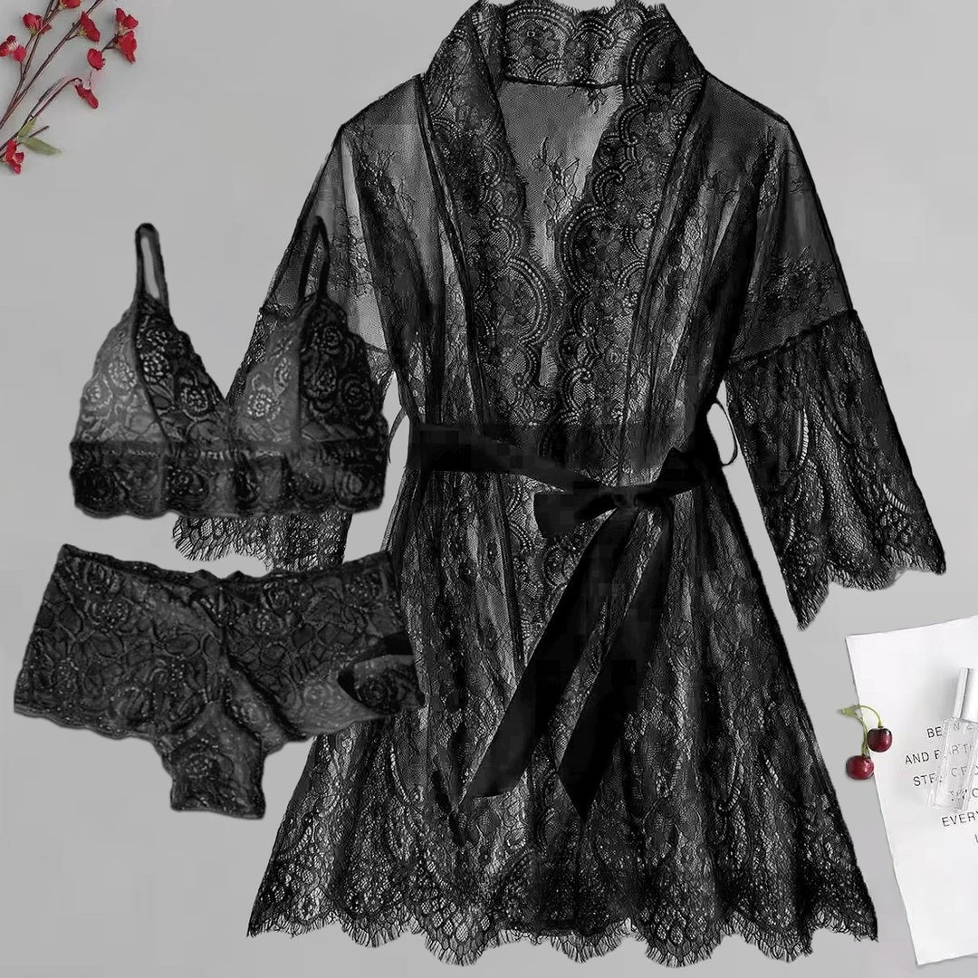 Lace-trimmed deep V-neck lace-up robe lingerie set