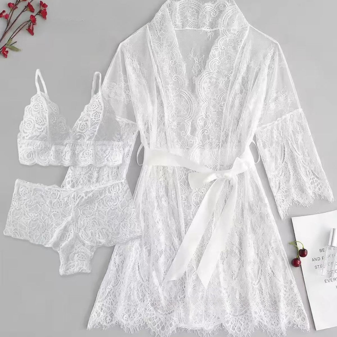 Lace-trimmed deep V-neck lace-up robe lingerie set