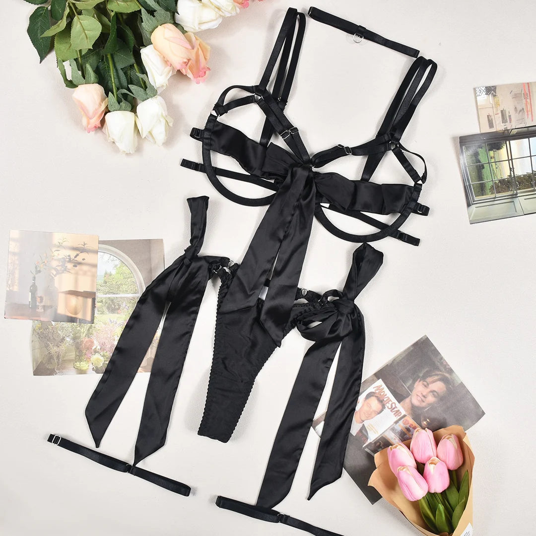 High quality sexy lingerie hot sale satin sexy suspenders 4 piece set