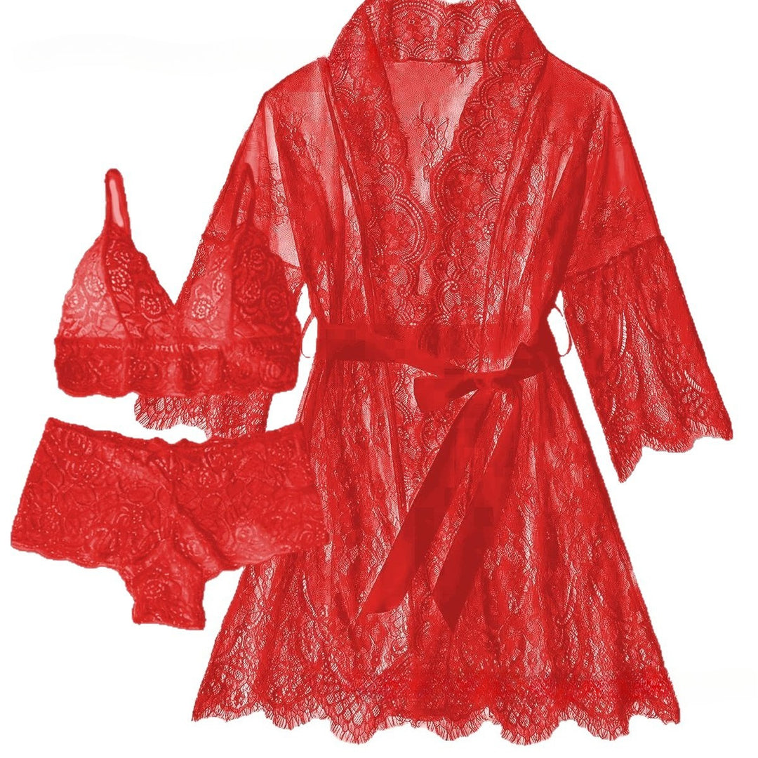 Lace-trimmed deep V-neck lace-up robe lingerie set