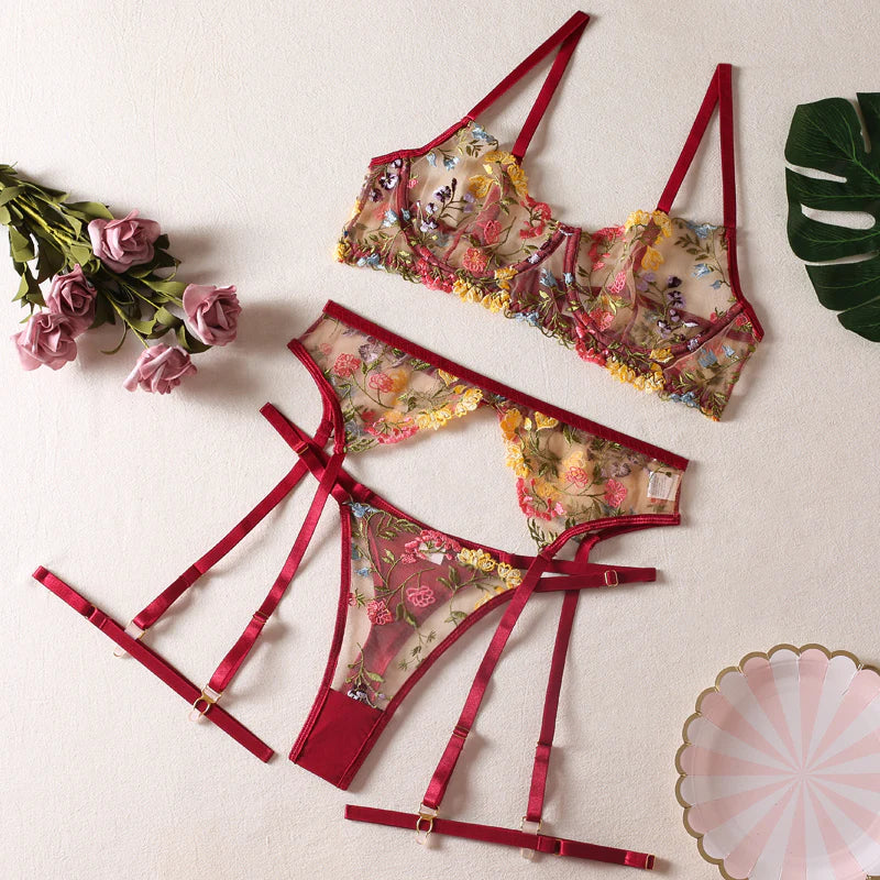 Sexy see-through yellow pastoral floral bra garter thong with leg ring three-piece sexy lingerie set