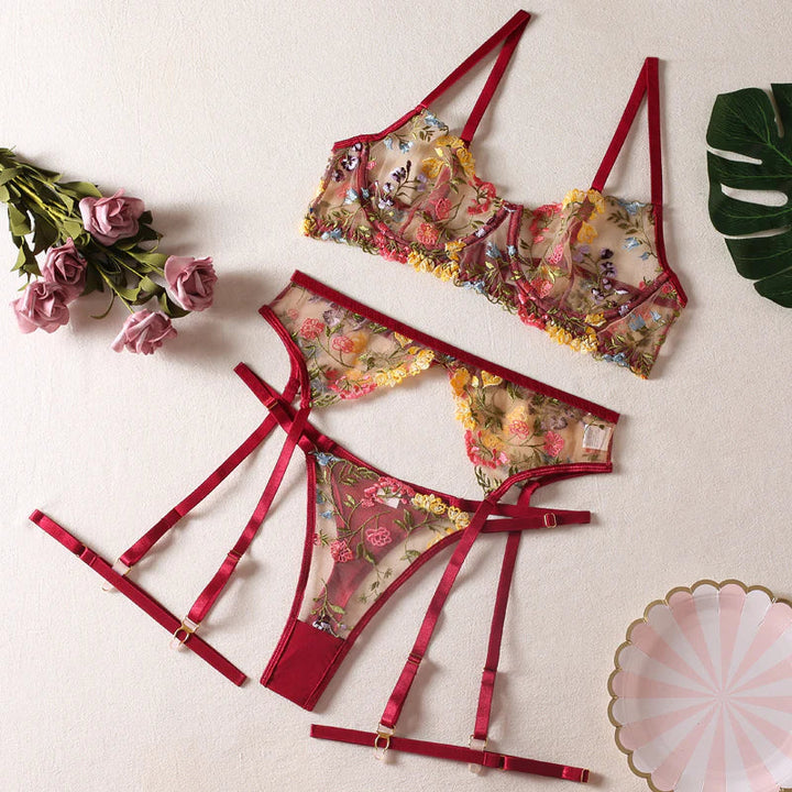 Sexy see-through yellow pastoral floral bra garter thong with leg ring three-piece sexy lingerie set
