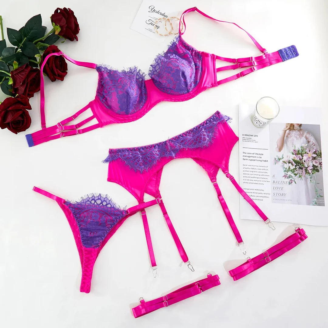 Embroidered flower see-through sexy lingerie 4-piece set