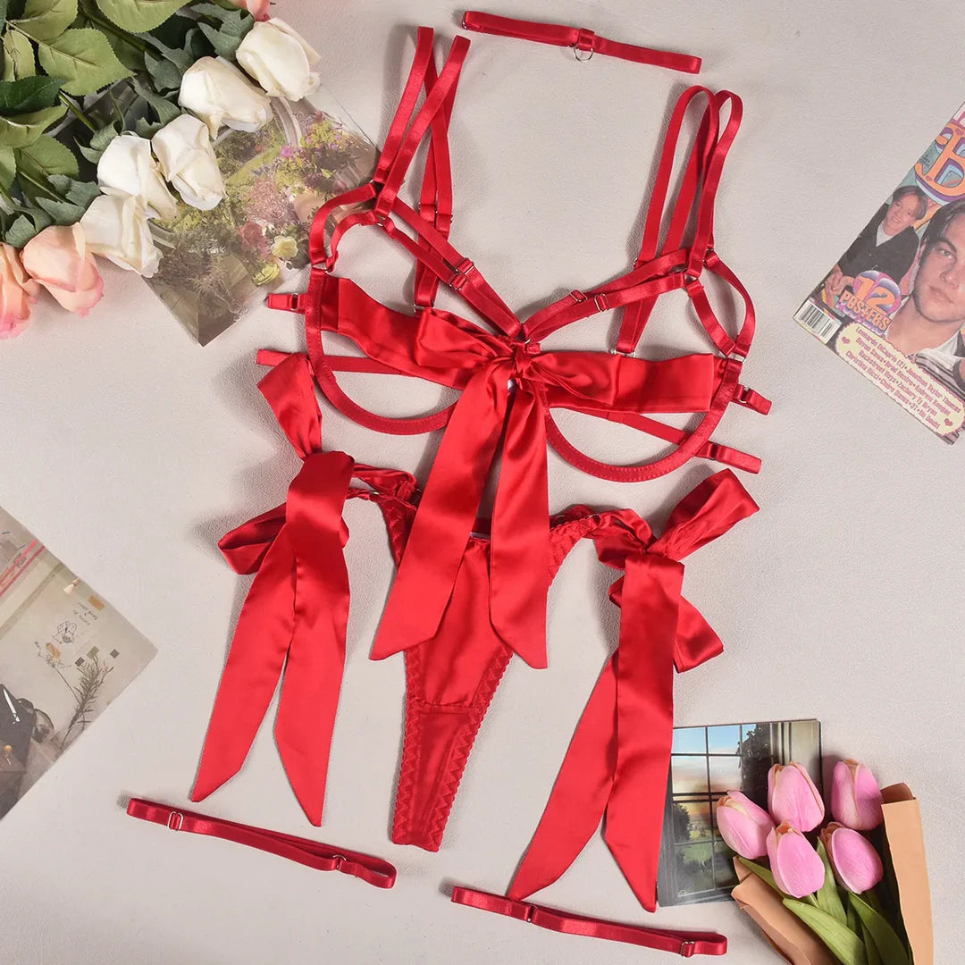 High quality sexy lingerie hot sale satin sexy suspenders 4 piece set