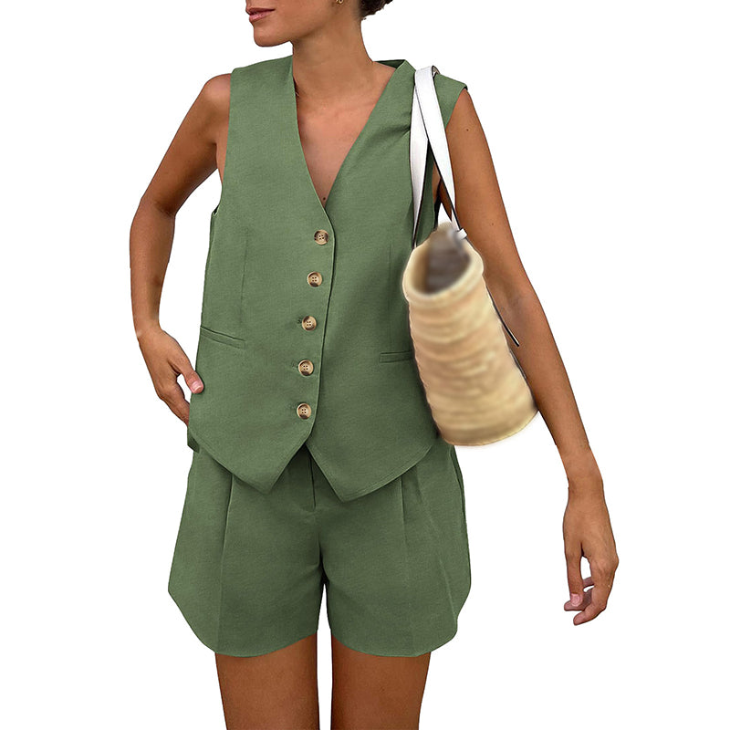 V-Neck Button-Front Vest &amp; Shorts Set