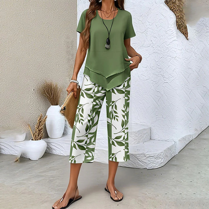 Layered Hem Top &amp; Floral Crop Pants Set