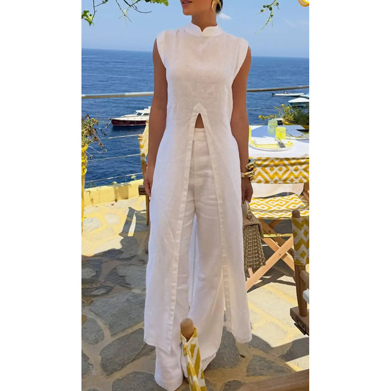 Cotton slit long top and pants set