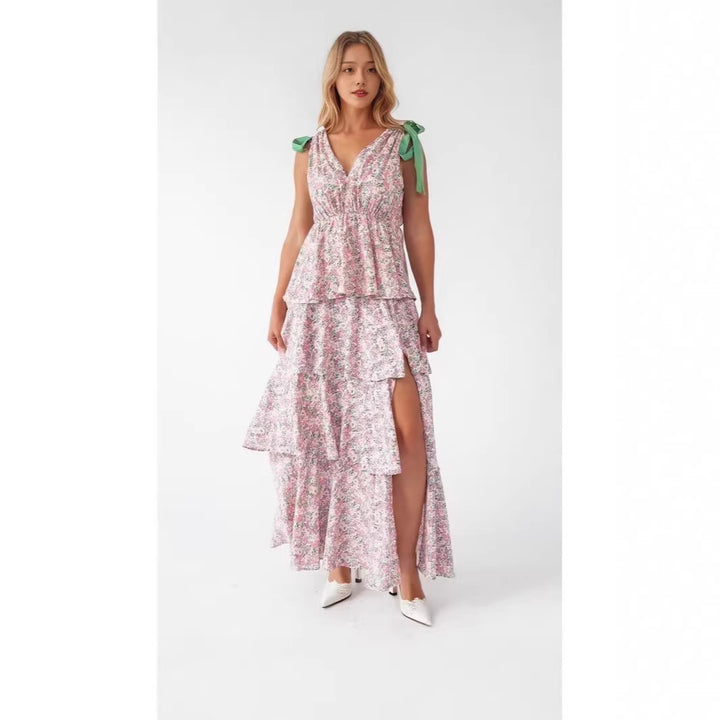 Elegant Tie-Shoulder Floral Tiered Maxi Dress