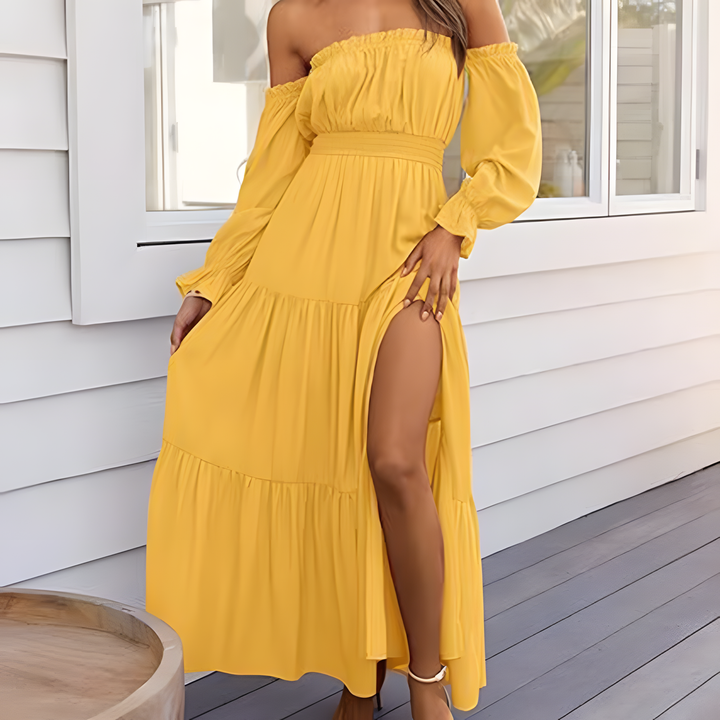 Elegant Off-Shoulder Smocked Tiered Maxi Dress