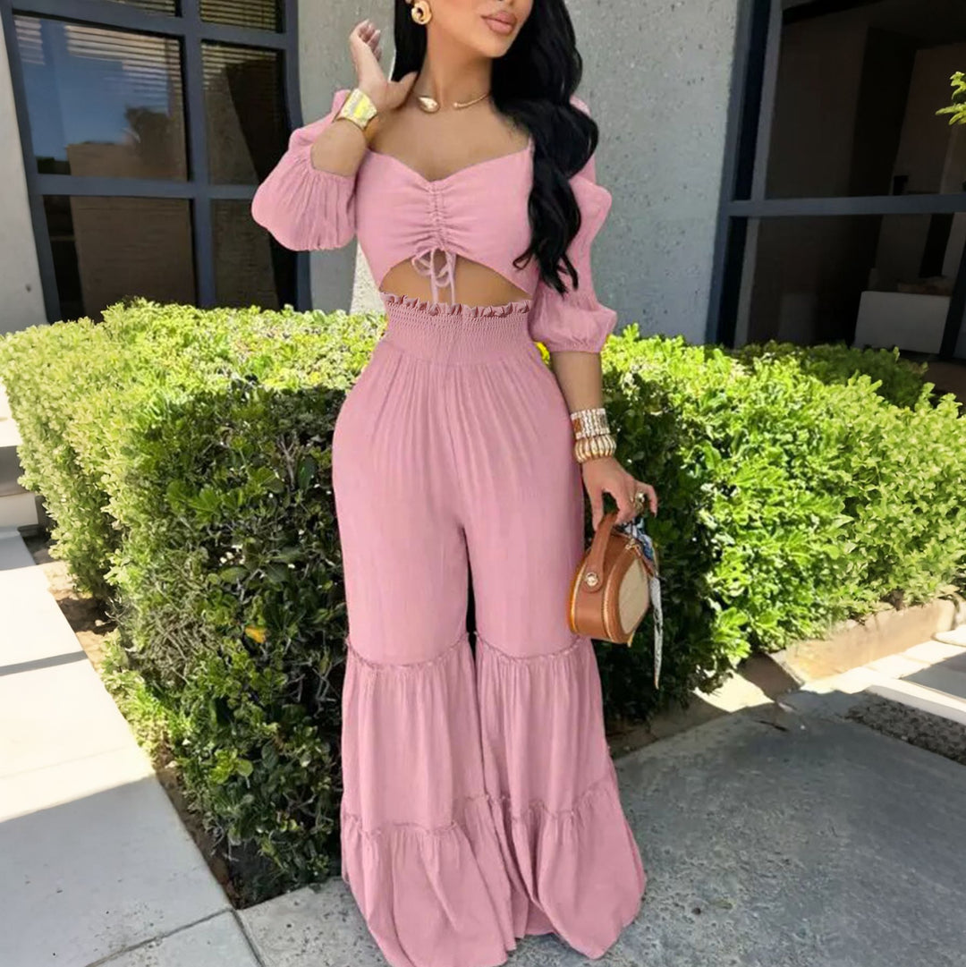 Ruched Crop Top &amp; Wide Leg Pants Set