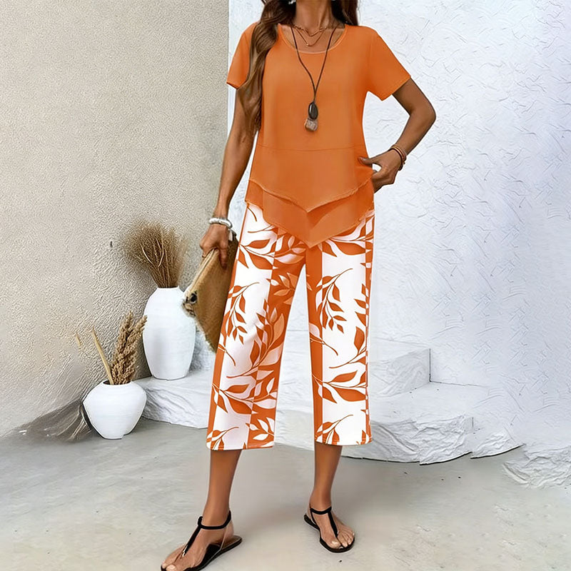 Layered Hem Top &amp; Floral Crop Pants Set
