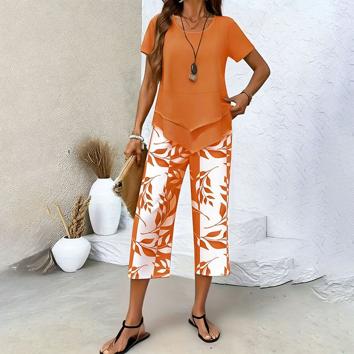Layered Hem Top &amp; Floral Crop Pants Set