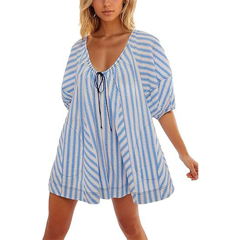 Striped Deep V Wide Leg Romper