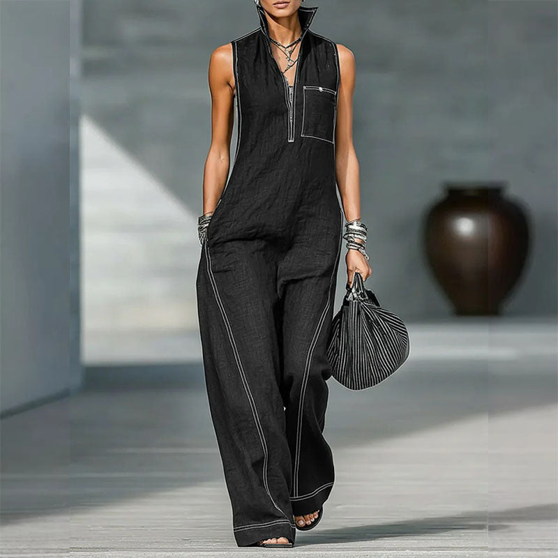 Stand Collar Sleeveless Linen Blend Jumpsuit