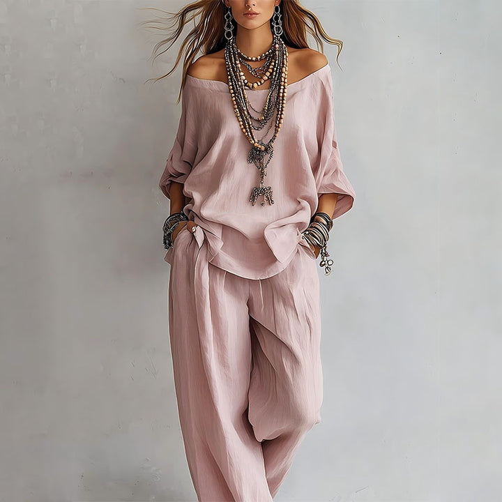 Linen Blend 3/4 Sleeve Top &amp; Wide Leg Pants Set