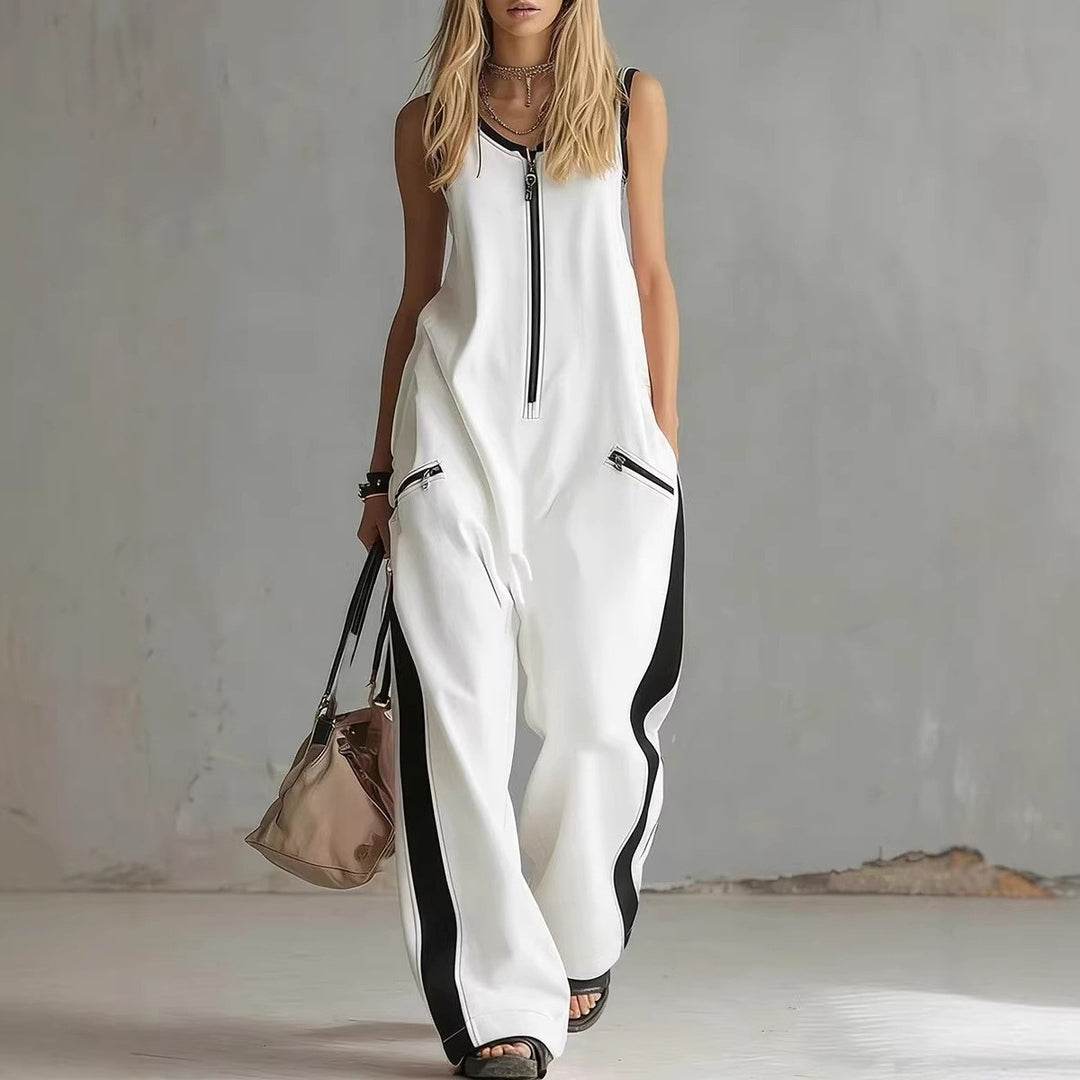 Modern Contrast Zip-Front Wide Leg Jumpsuit