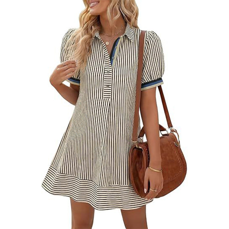 Elegant Striped Puff Sleeve A-Line Mini Dress
