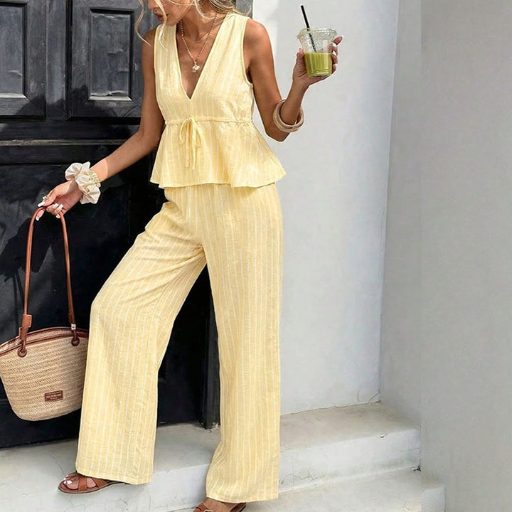Striped V-Neck Top &amp; High-Waist Wide Leg Pants Set