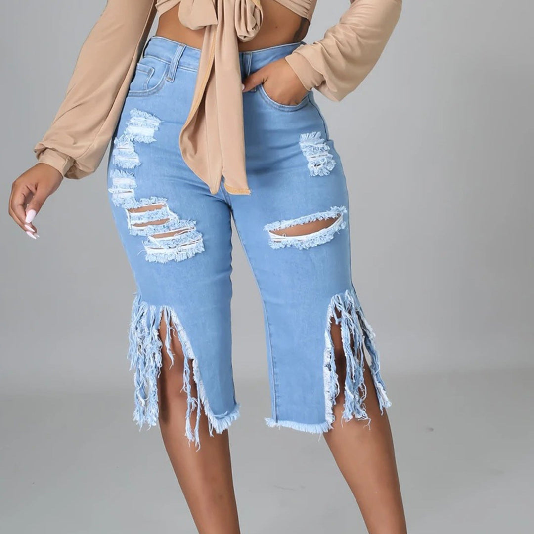 High-Waisted Distressed Frayed Hem Bermuda Jeans