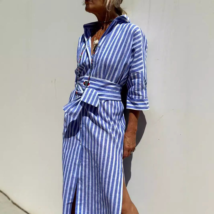 Relaxed Striped Collared Midi Shirt Dress