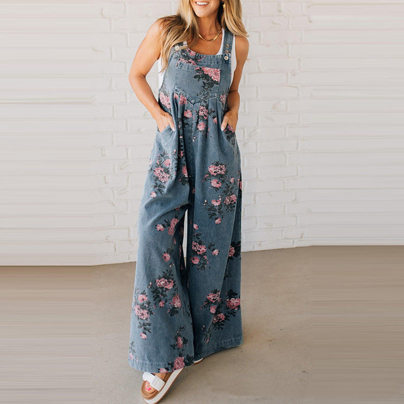 Boho Floral Wide Leg Overall Jumpsuit