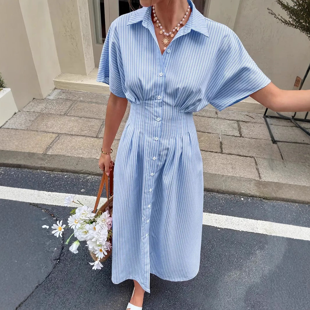 Striped Pleated Waist Shirt Midi Dress