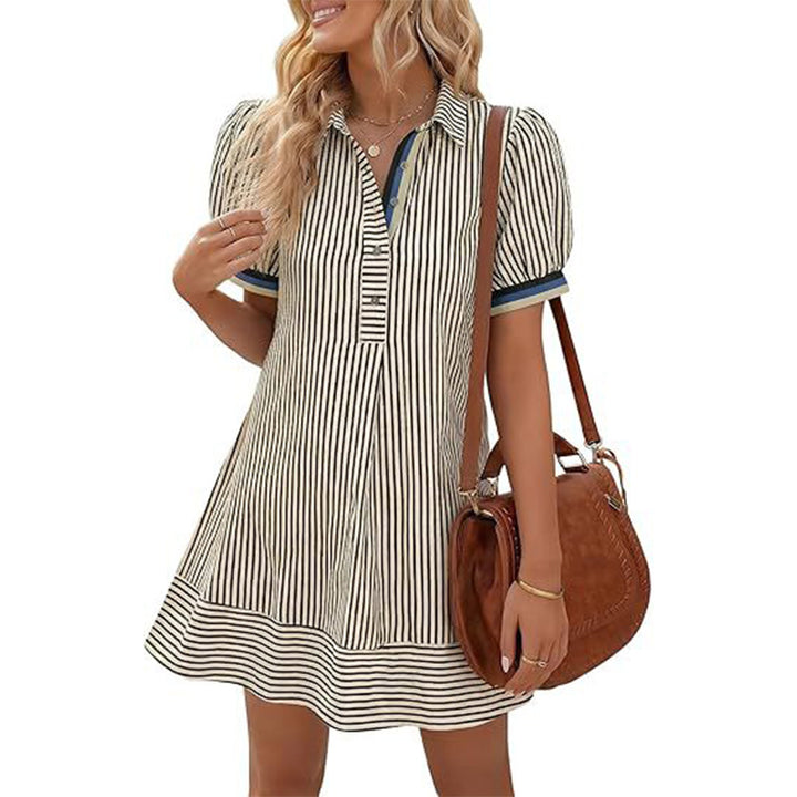 Elegant Striped Puff Sleeve A-Line Mini Dress