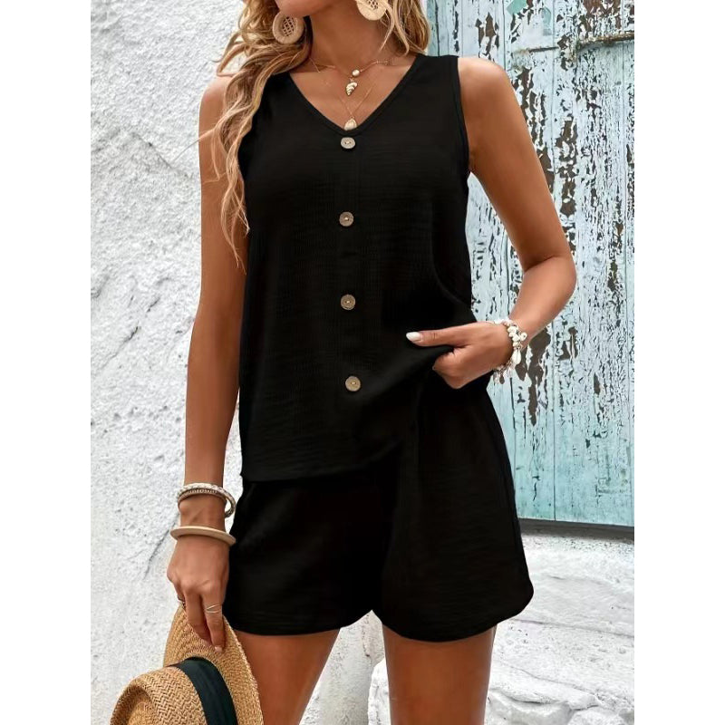 V-Neck Button Tank &amp; Shorts Lounge Set