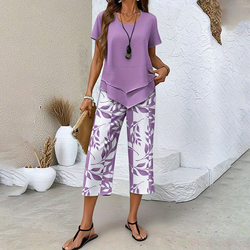 Layered Hem Top &amp; Floral Crop Pants Set