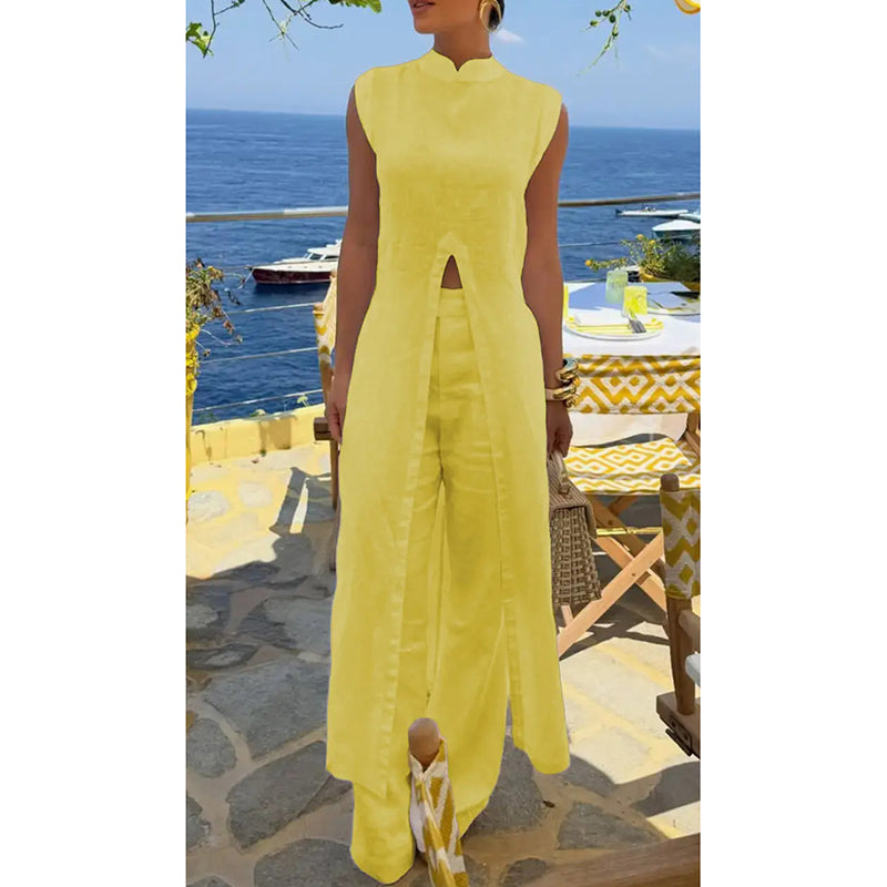 Cotton slit long top and pants set