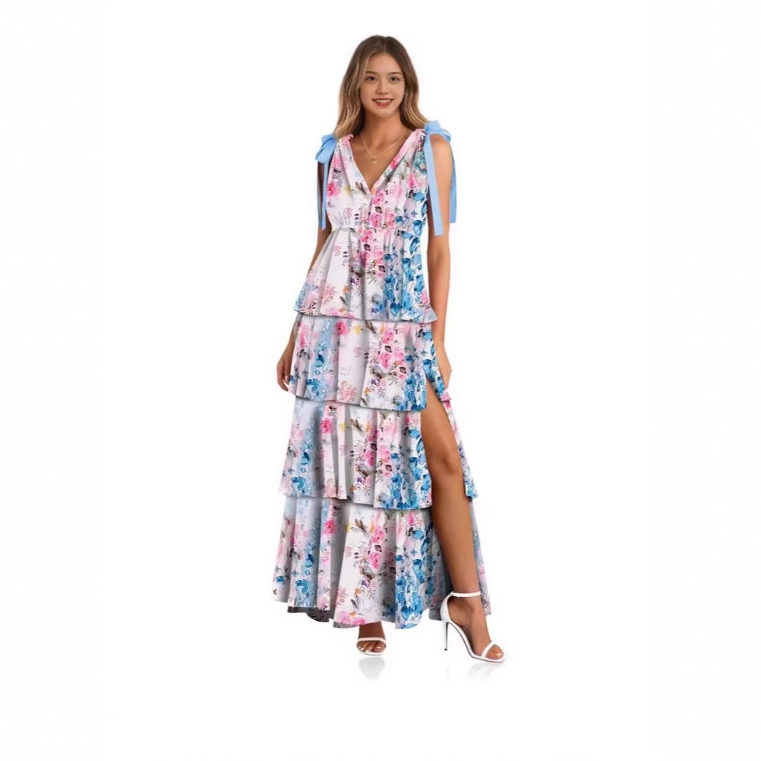 Elegant Tie-Shoulder Floral Tiered Maxi Dress