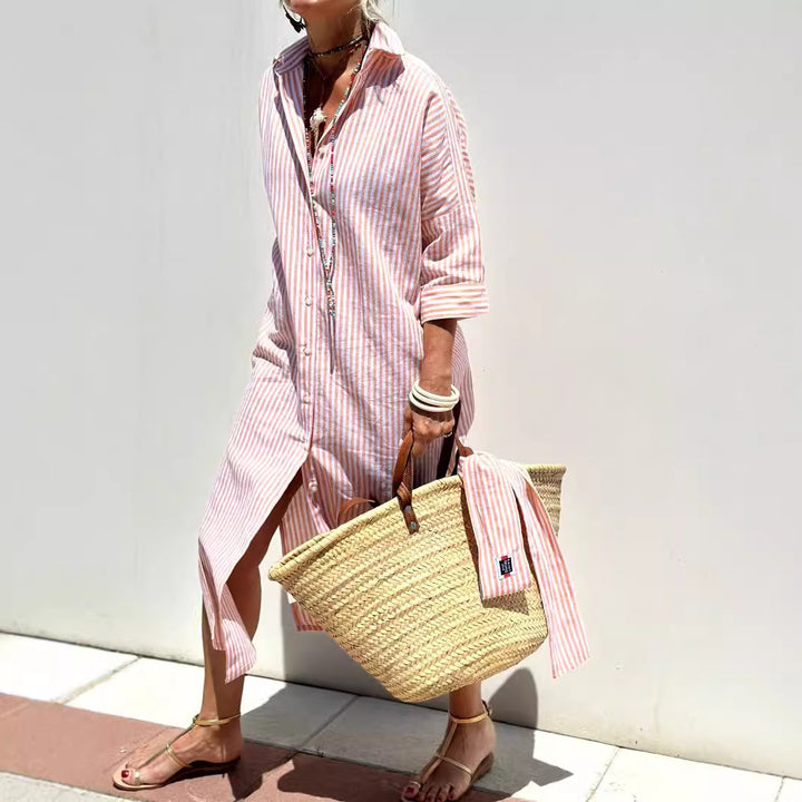 Relaxed Striped Collared Midi Shirt Dress