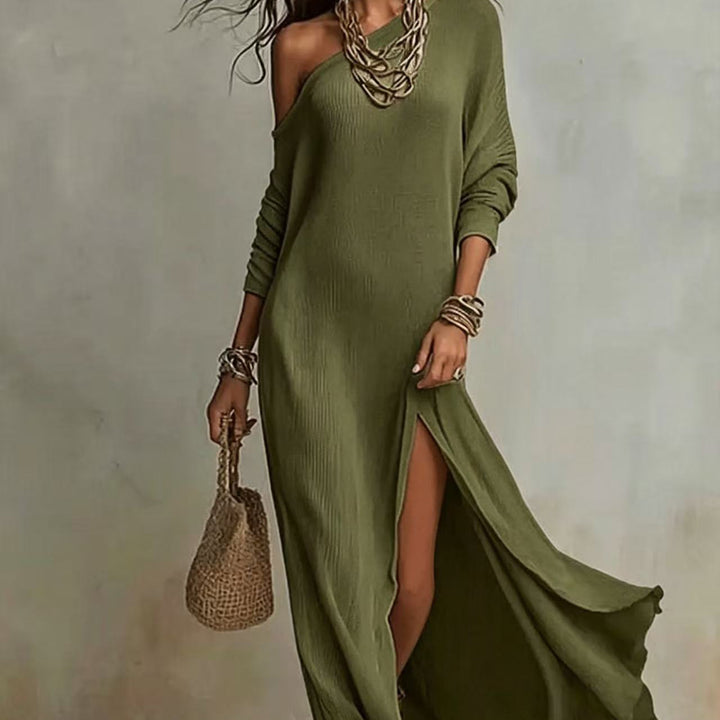 Ruched Knit Slit Midi Dress