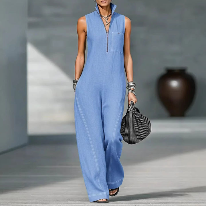Stand Collar Sleeveless Linen Blend Jumpsuit
